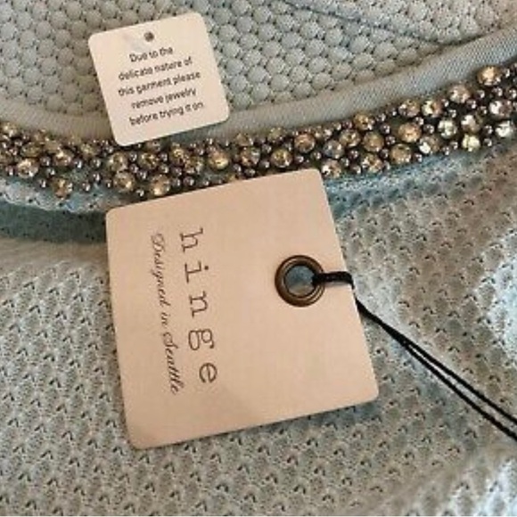 Hinge Nordstrom jeweled neckline waffled 3/4 sleeved split back knit sweater XS - Picture 9 of 11